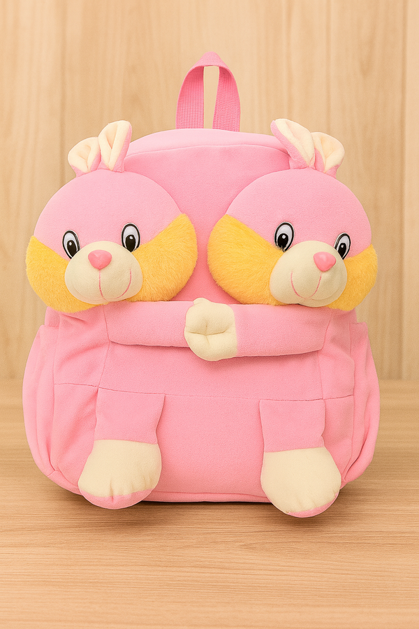 Double Face Kids Pink Rabit Backpack, Plush 3D Animal Design