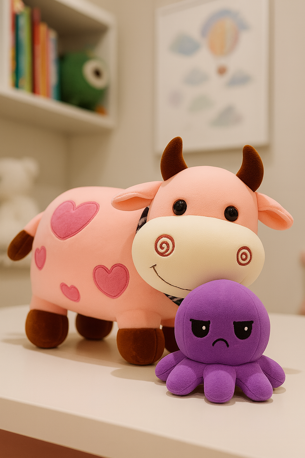 Cute Cow Soft Toy with Purple Reversible Octopus (Pink)