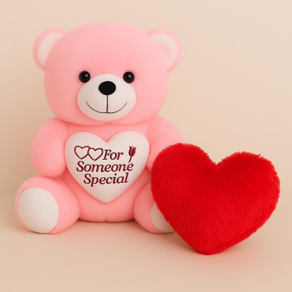 Cute Pink Teddy Bear with Love Heart Cushion