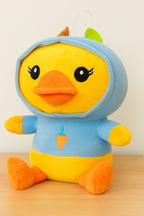 Soft Yellow Duck Plush Toy with Blue Hoodie – Cute Stuffed Animal with Strawberry Design for Kids