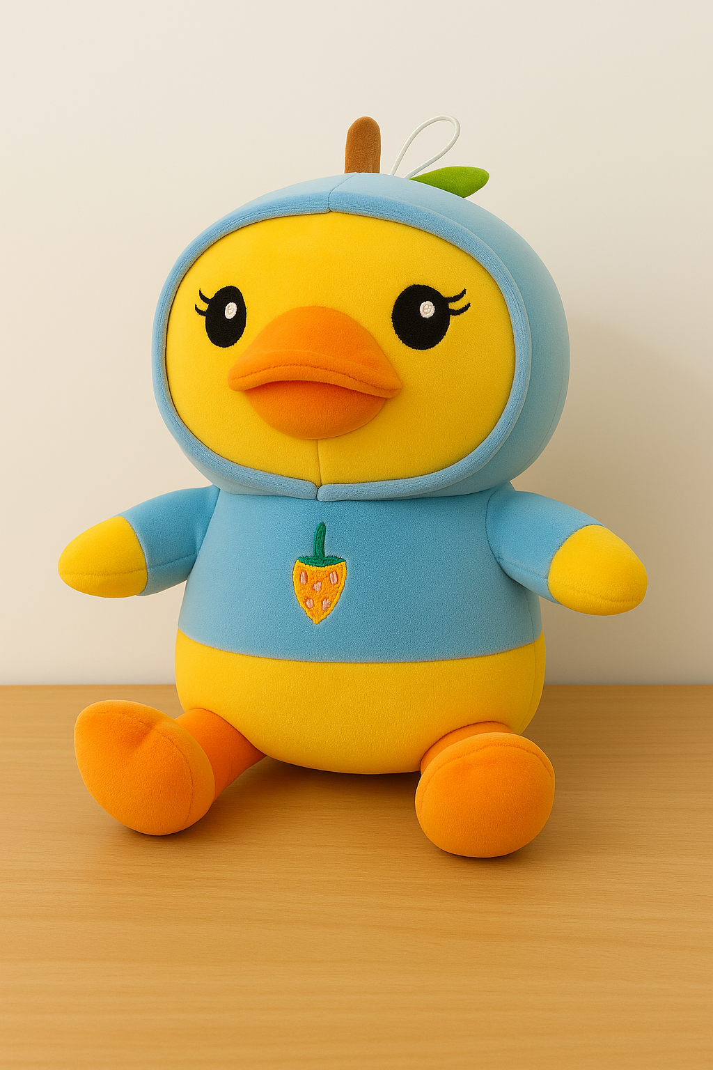 Soft Yellow Duck Plush Toy with Blue Hoodie – Cute Stuffed Animal with Strawberry Design for Kids