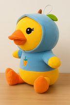 Soft Yellow Duck Plush Toy with Blue Hoodie – Cute Stuffed Animal with Strawberry Design for Kids