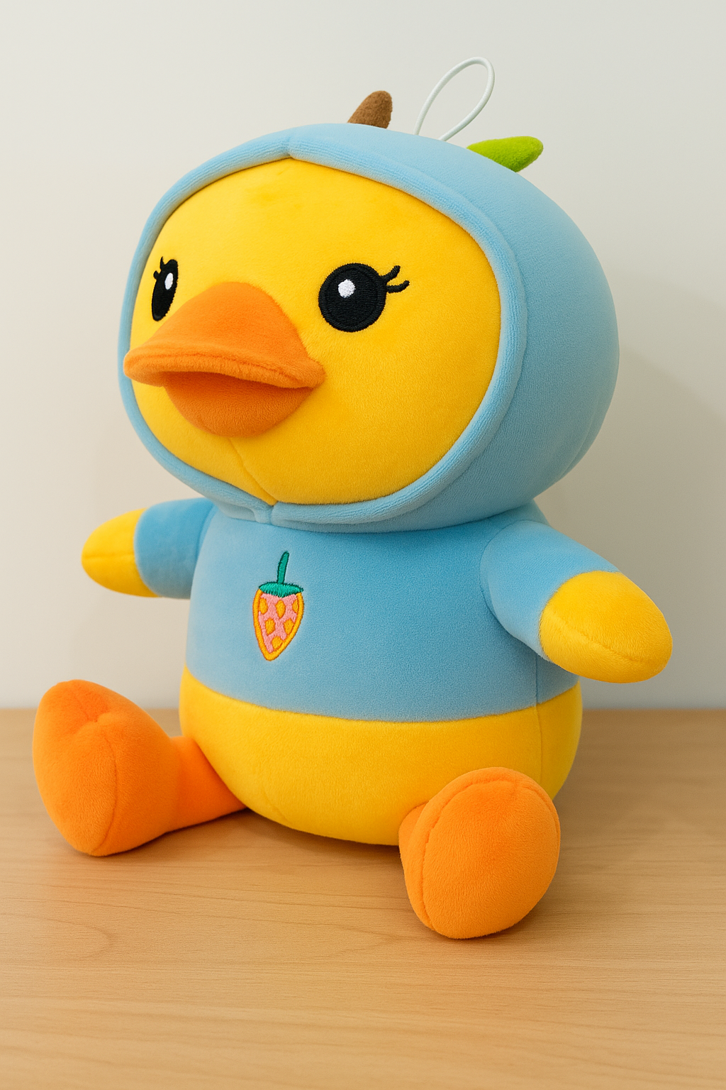 Soft Yellow Duck Plush Toy with Blue Hoodie – Cute Stuffed Animal with Strawberry Design for Kids