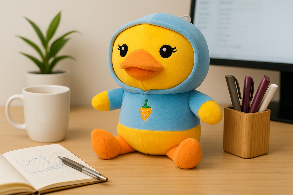 Soft Yellow Duck Plush Toy with Blue Hoodie – Cute Stuffed Animal with Strawberry Design for Kids