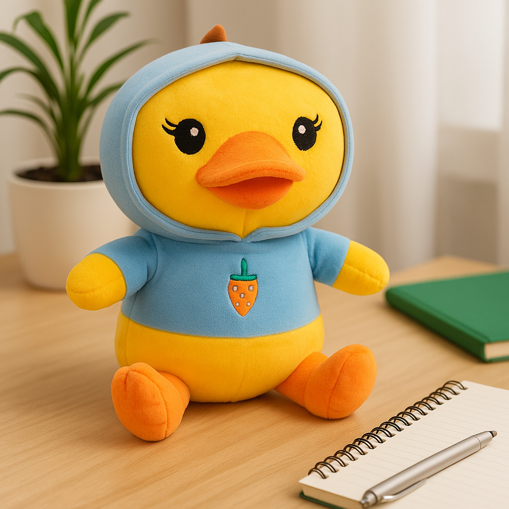 Soft Yellow Duck Plush Toy with Blue Hoodie – Cute Stuffed Animal with Strawberry Design for Kids