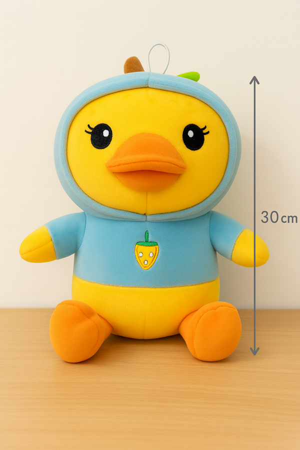 Soft Yellow Duck Plush Toy with Blue Hoodie – Cute Stuffed Animal with Strawberry Design for Kids