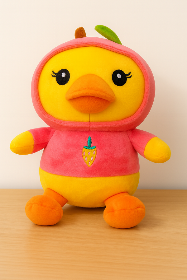 Soft Yellow Duck Plush Toy with Pink Hoodie – Cute Stuffed Animal with Strawberry Design for Kids