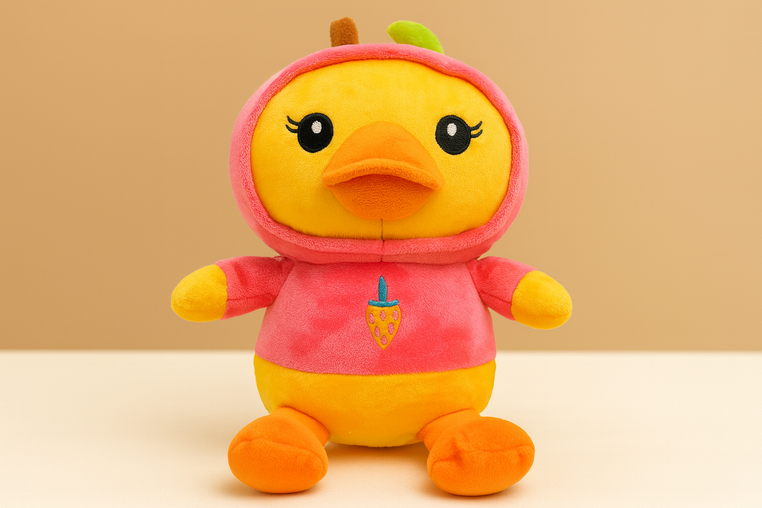 Soft Yellow Duck Plush Toy with Pink Hoodie – Cute Stuffed Animal with Strawberry Design for Kids