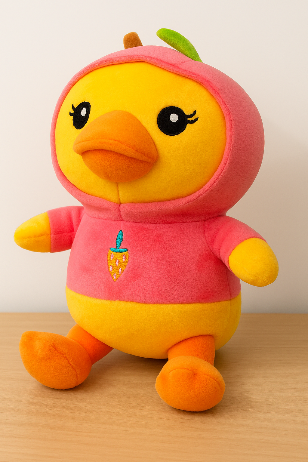 Soft Yellow Duck Plush Toy with Pink Hoodie – Cute Stuffed Animal with Strawberry Design for Kids