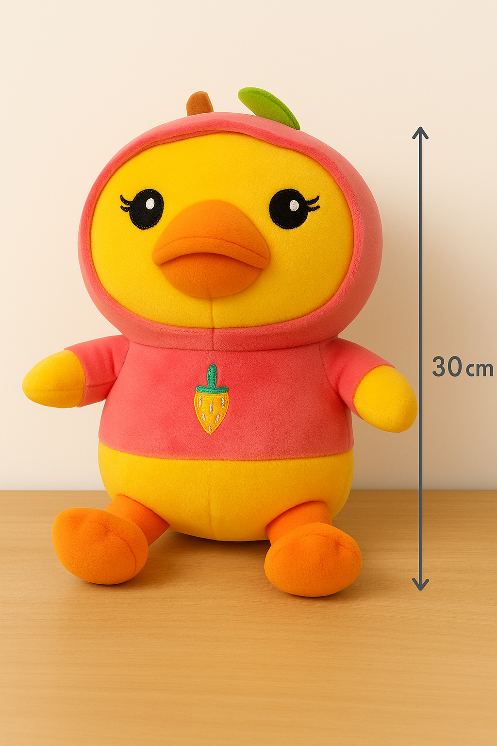 Soft Yellow Duck Plush Toy with Pink Hoodie – Cute Stuffed Animal with Strawberry Design for Kids