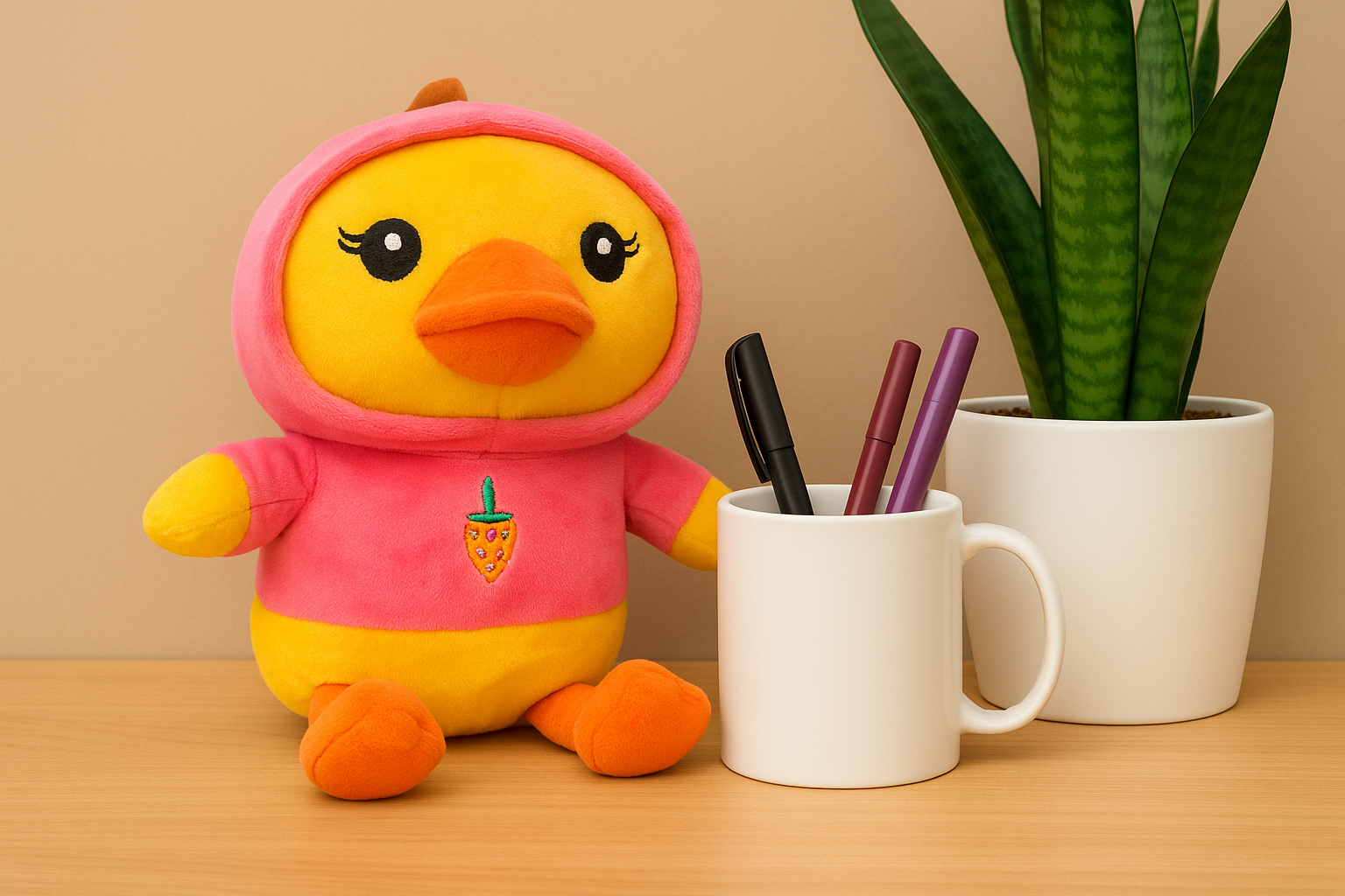 Soft Yellow Duck Plush Toy with Pink Hoodie – Cute Stuffed Animal with Strawberry Design for Kids