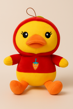 Soft Yellow Duck Plush Toy with Red Hoodie – Cute Stuffed Animal with Strawberry Design for Kids