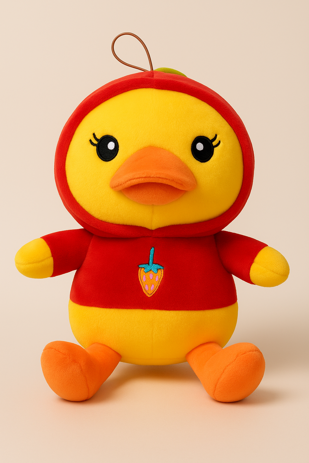 Soft Yellow Duck Plush Toy with Red Hoodie – Cute Stuffed Animal with Strawberry Design for Kids
