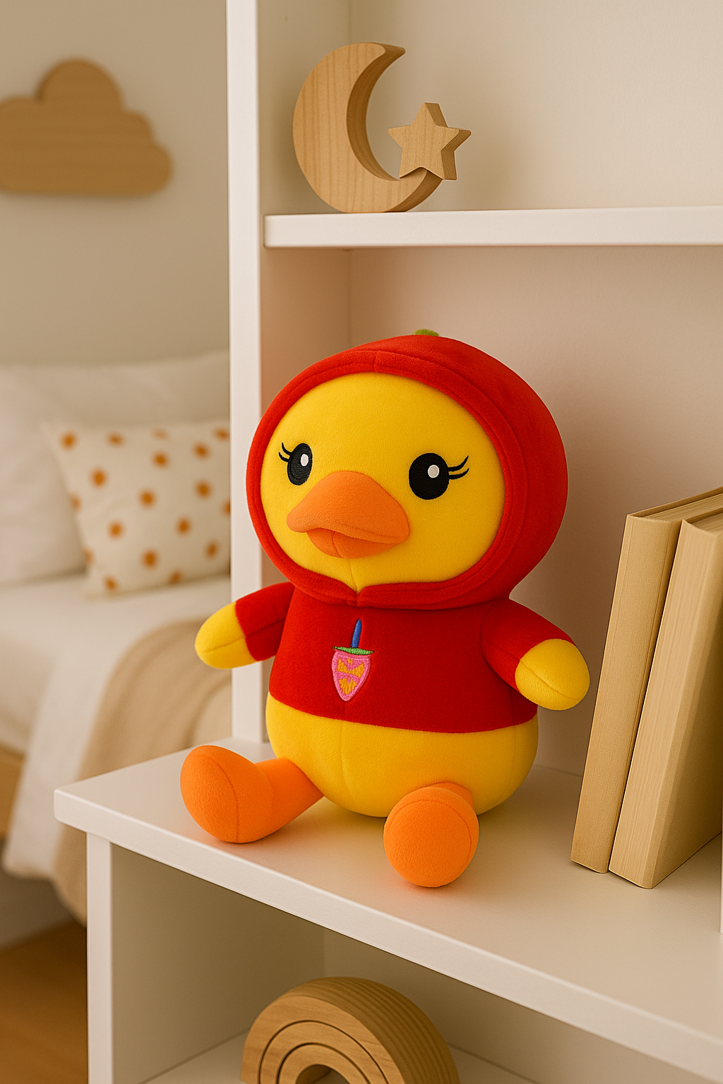 Soft Yellow Duck Plush Toy with Red Hoodie – Cute Stuffed Animal with Strawberry Design for Kids