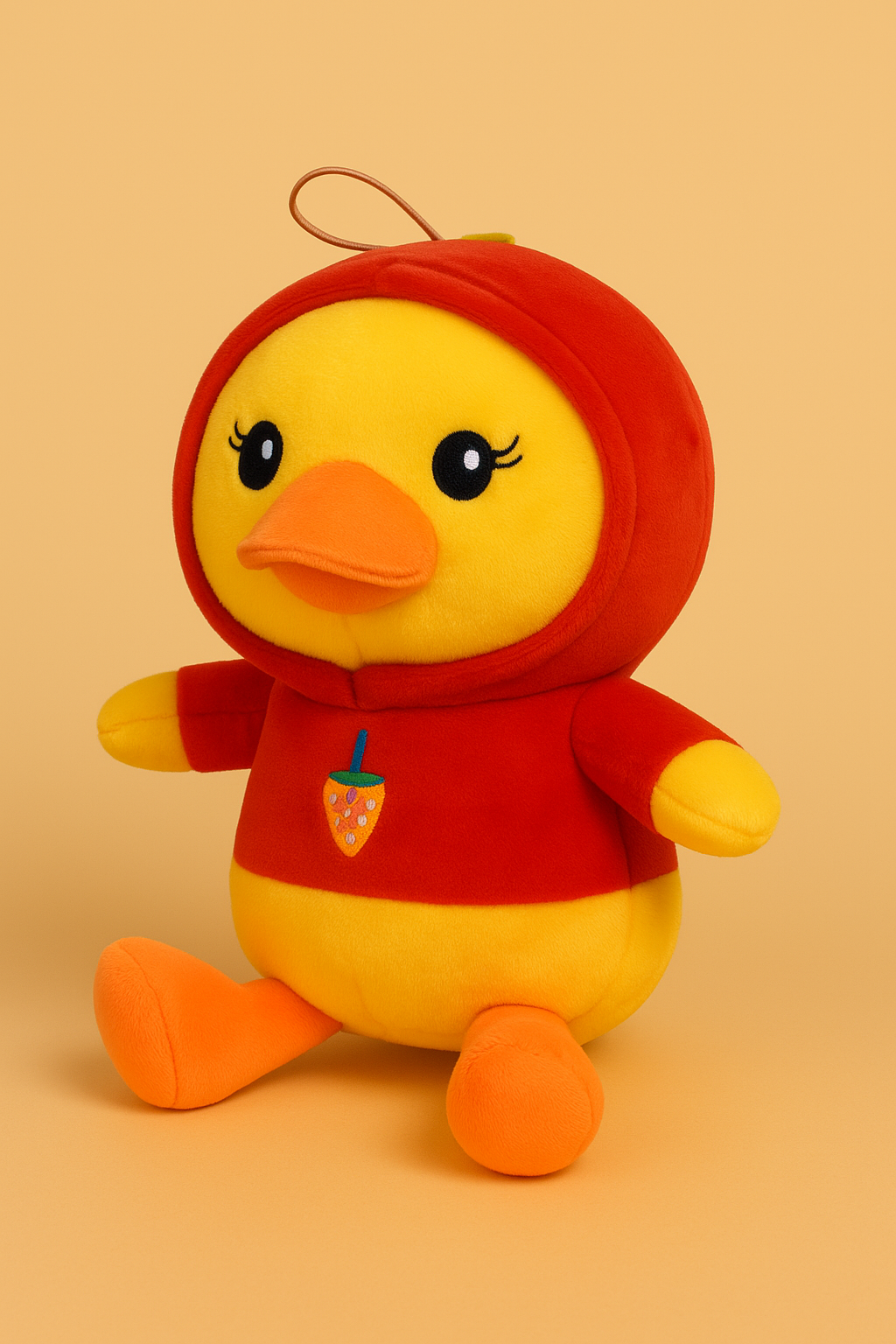 Soft Yellow Duck Plush Toy with Red Hoodie – Cute Stuffed Animal with Strawberry Design for Kids