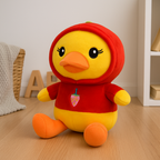Soft Yellow Duck Plush Toy with Red Hoodie – Cute Stuffed Animal with Strawberry Design for Kids