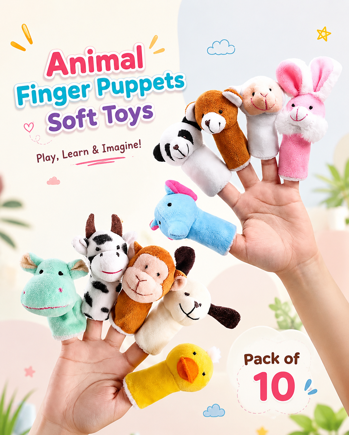 Animal Finger Puppets Soft Toys - Pack of 10  - 20 cm (Multicolor)