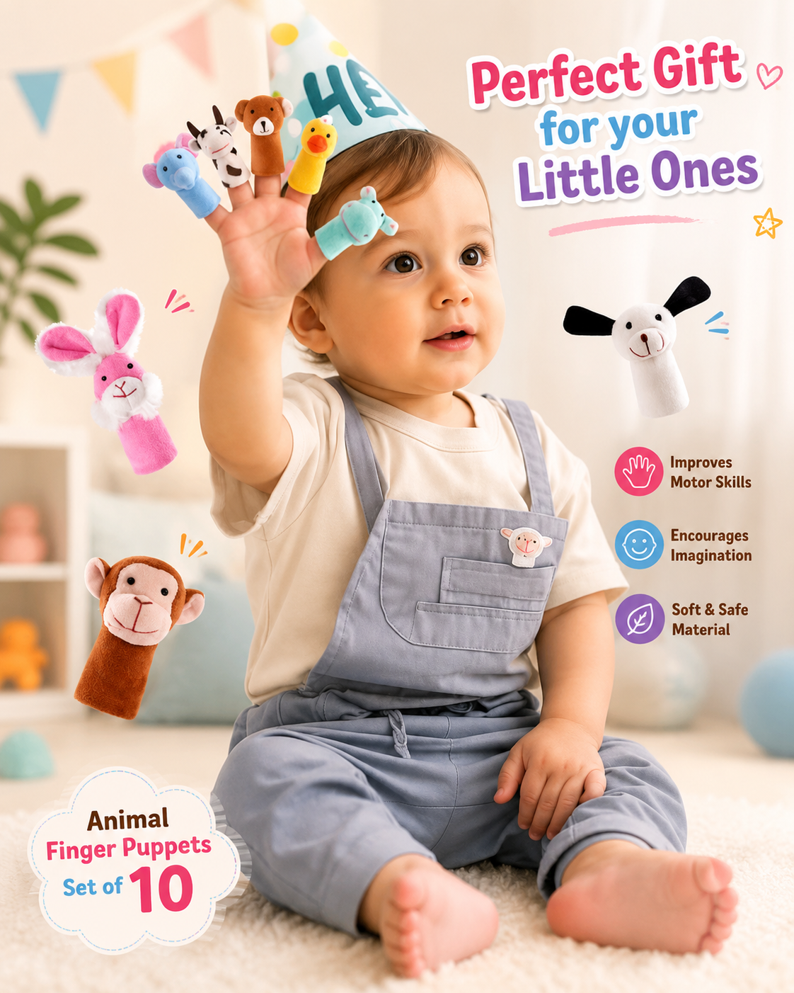 Animal Finger Puppets Soft Toys - Pack of 10  - 20 cm (Multicolor)