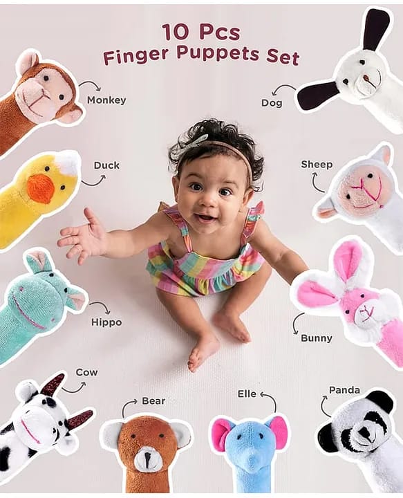 Animal Finger Puppets Soft Toys - Pack of 10  - 20 cm (Multicolor)