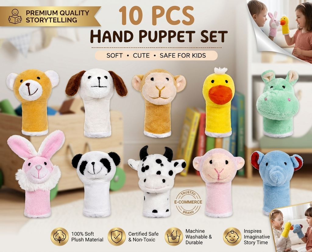 Animal Finger Puppets Soft Toys - Pack of 10  - 20 cm (Multicolor)