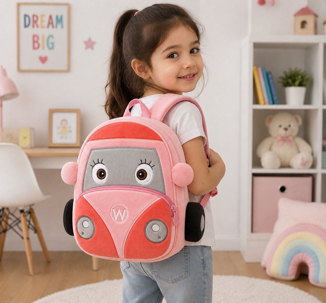 Mini Cartoon Backpack for Boys and Girls (Grey_Pink_Bus)