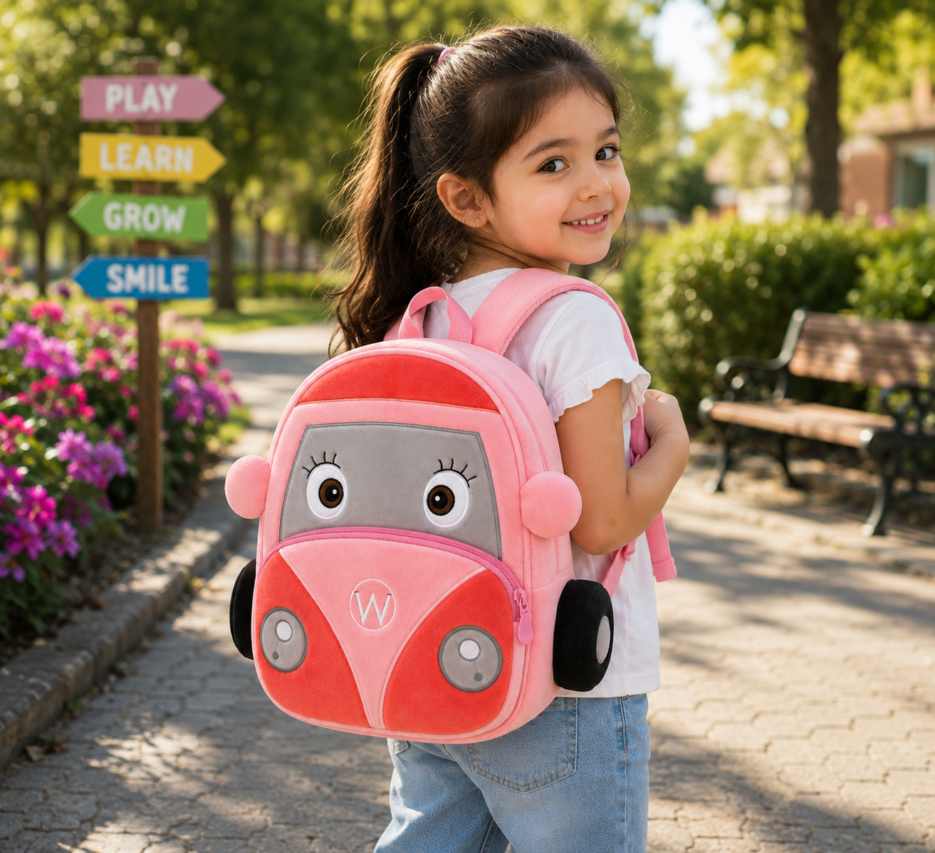 Mini Cartoon Backpack for Boys and Girls (Grey_Pink_Bus)