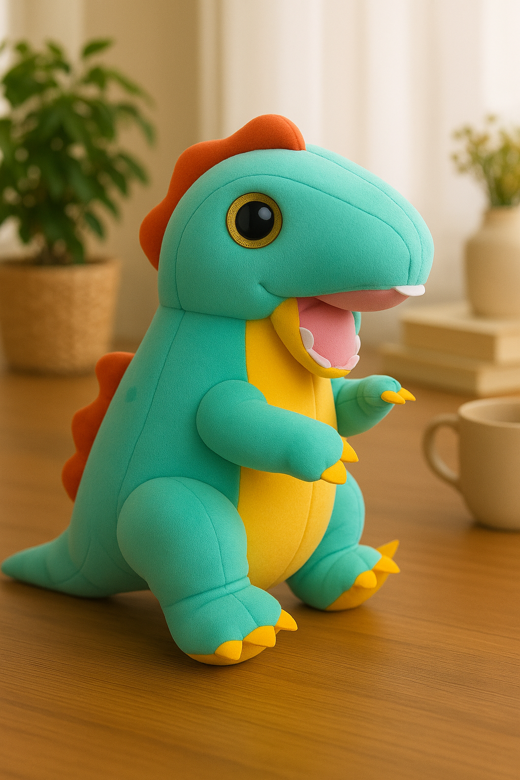 Plush T-Rex Dinosaur, Turquoise Blue with Orange Spikes