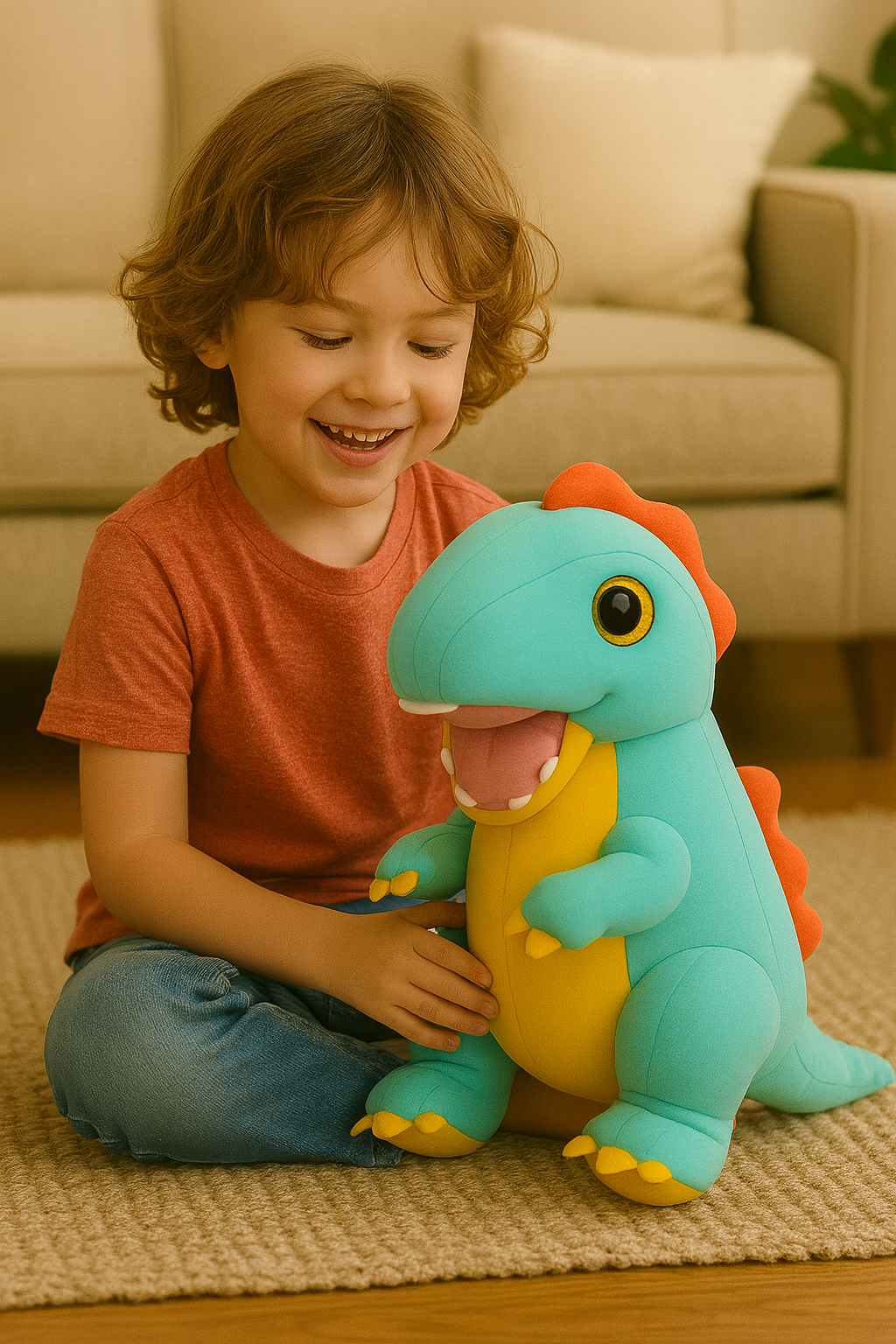 SARO Plush T-Rex Dinosaur, Turquoise Blue with Orange Spikes, Soft Stuffed Animal Toy | Cute, Plush/Soft Toy, Suitable for Boys, Girls and Kids, Super-Soft, Safe, 35 cm