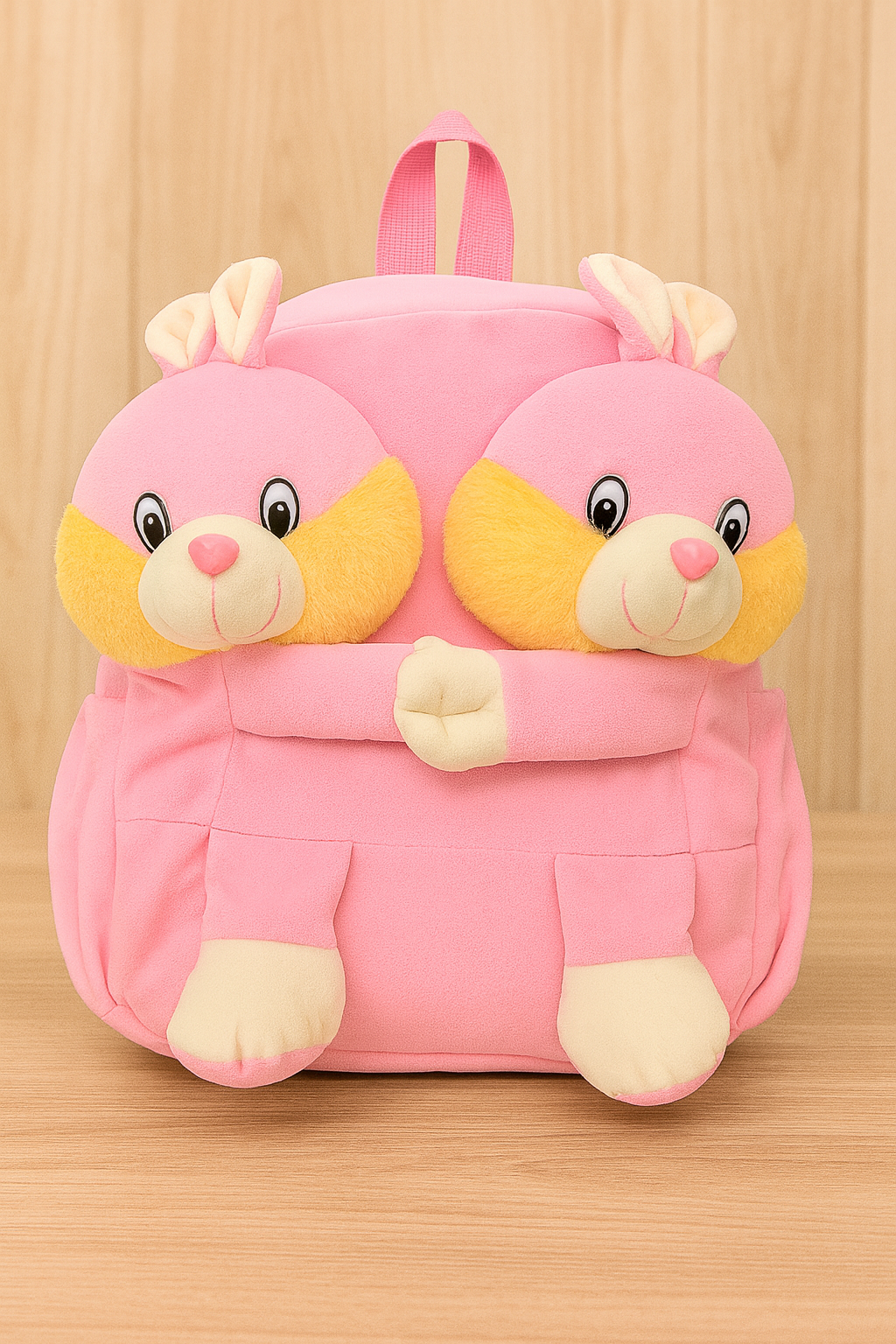 Double Face Kids Pink Rabit Backpack, Plush 3D Animal Design