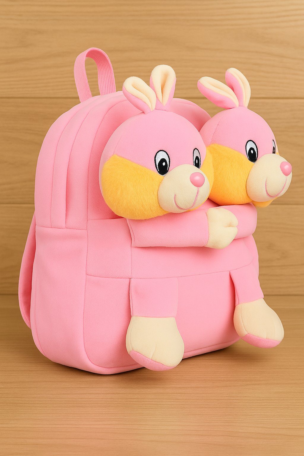 Double Face Kids Pink Rabit Backpack, Plush 3D Animal Design