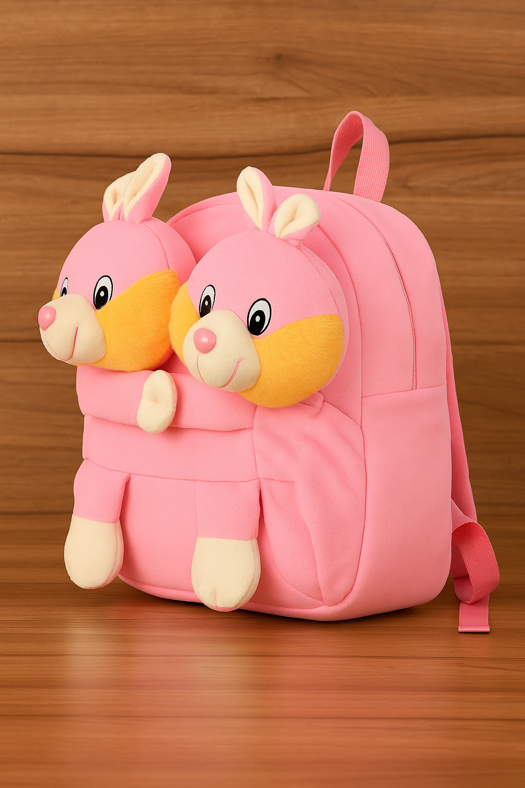 Double Face Kids Pink Rabit Backpack, Plush 3D Animal Design