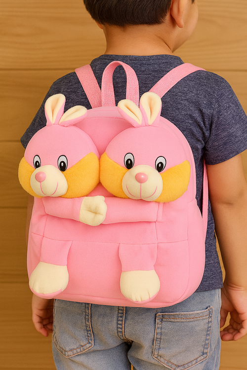 Double Face Kids Pink Rabit Backpack, Plush 3D Animal Design