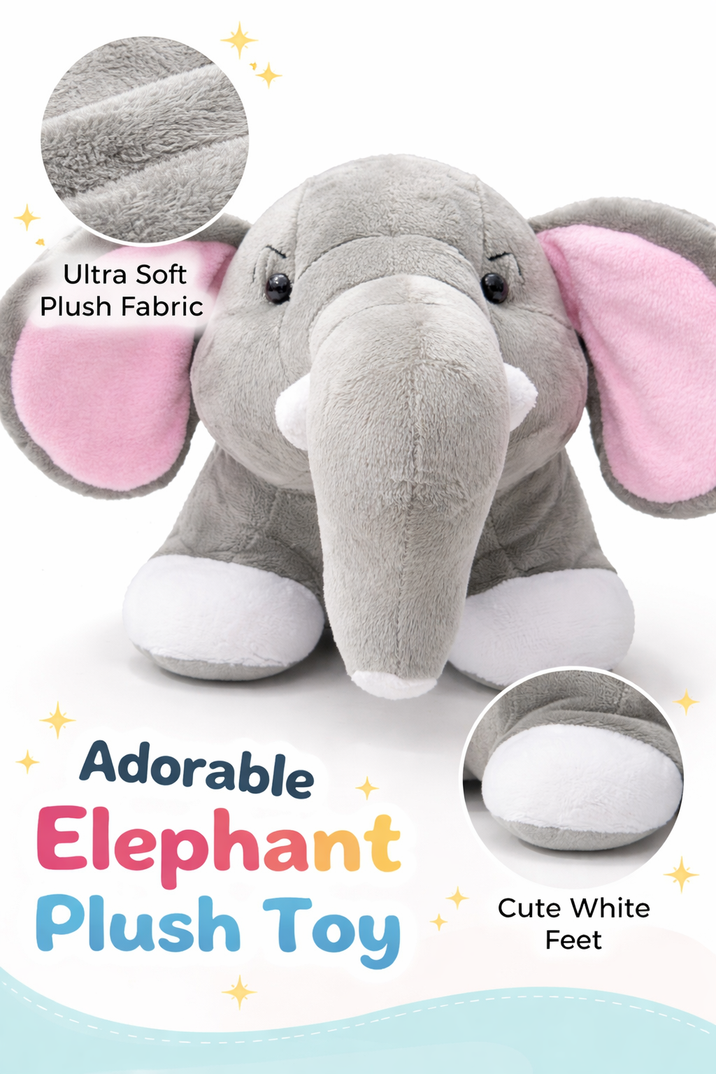 Cute Grey Elephant Soft Toy with Pink Ears & Feet