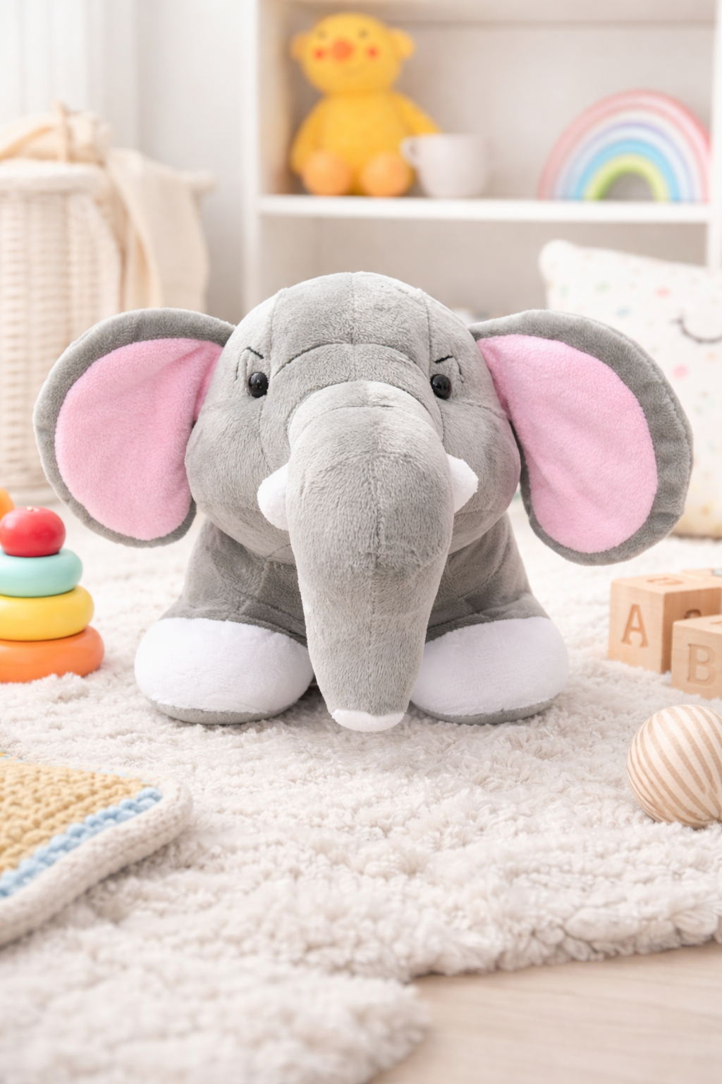 Cute Grey Elephant Soft Toy with Pink Ears & Feet