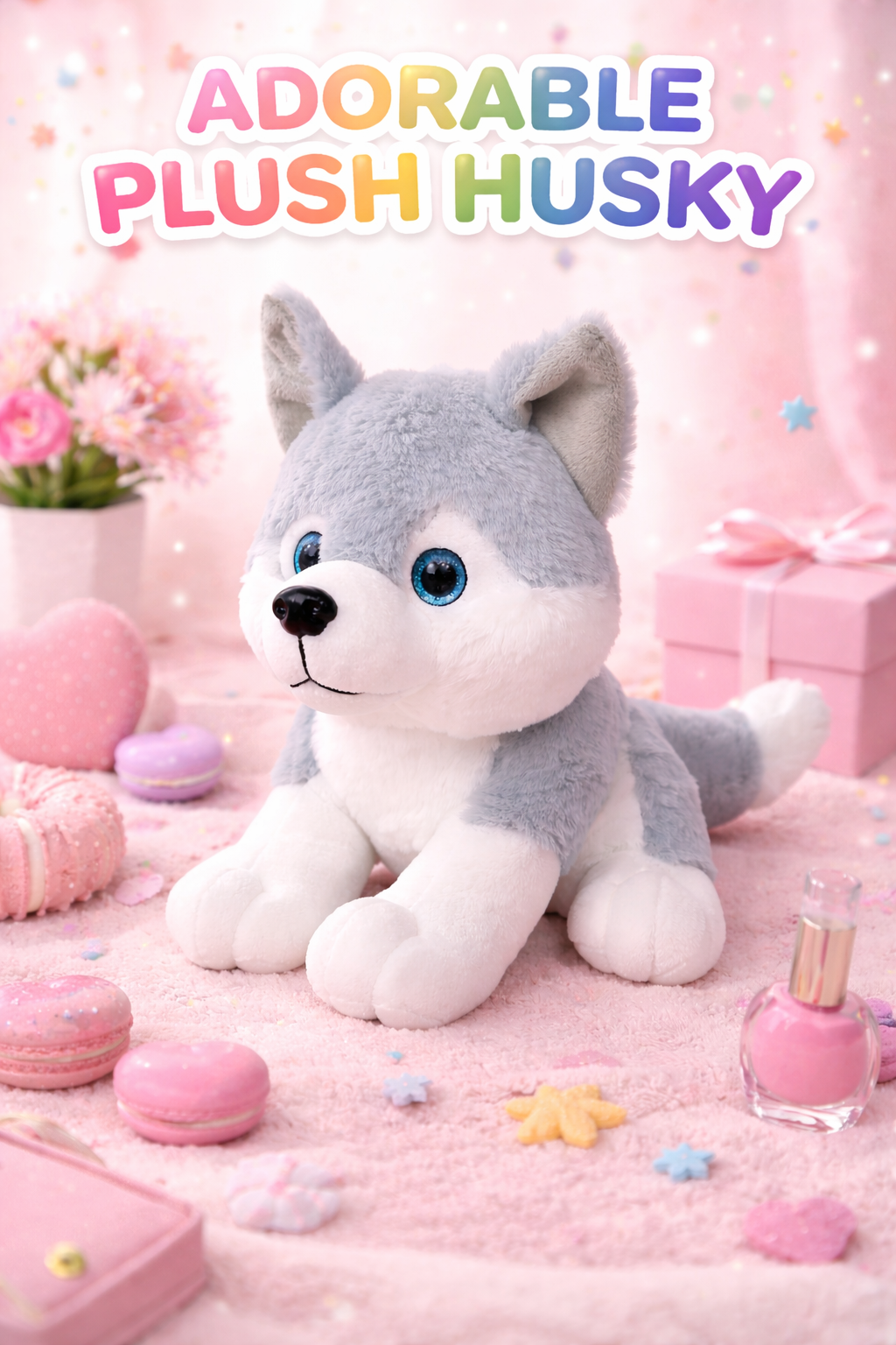 Realstic Husky Dog Stuffed Plush Toy, Grey and White 25cm