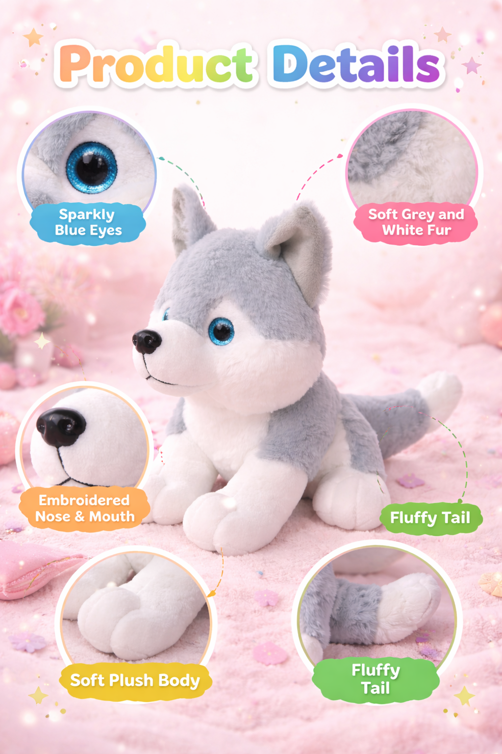 Realstic Husky Dog Stuffed Plush Toy, Grey and White 25cm