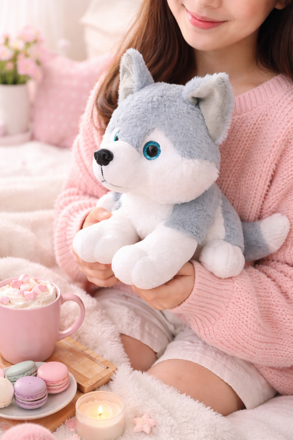 Realstic Husky Dog Stuffed Plush Toy, Grey and White 25cm