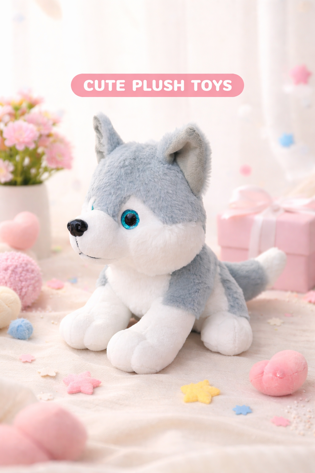 Realstic Husky Dog Stuffed Plush Toy, Grey and White 25cm
