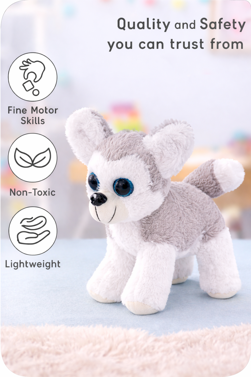 Realstic Husky Dog Stuffed Plush Toy, Grey and White, (18cm)