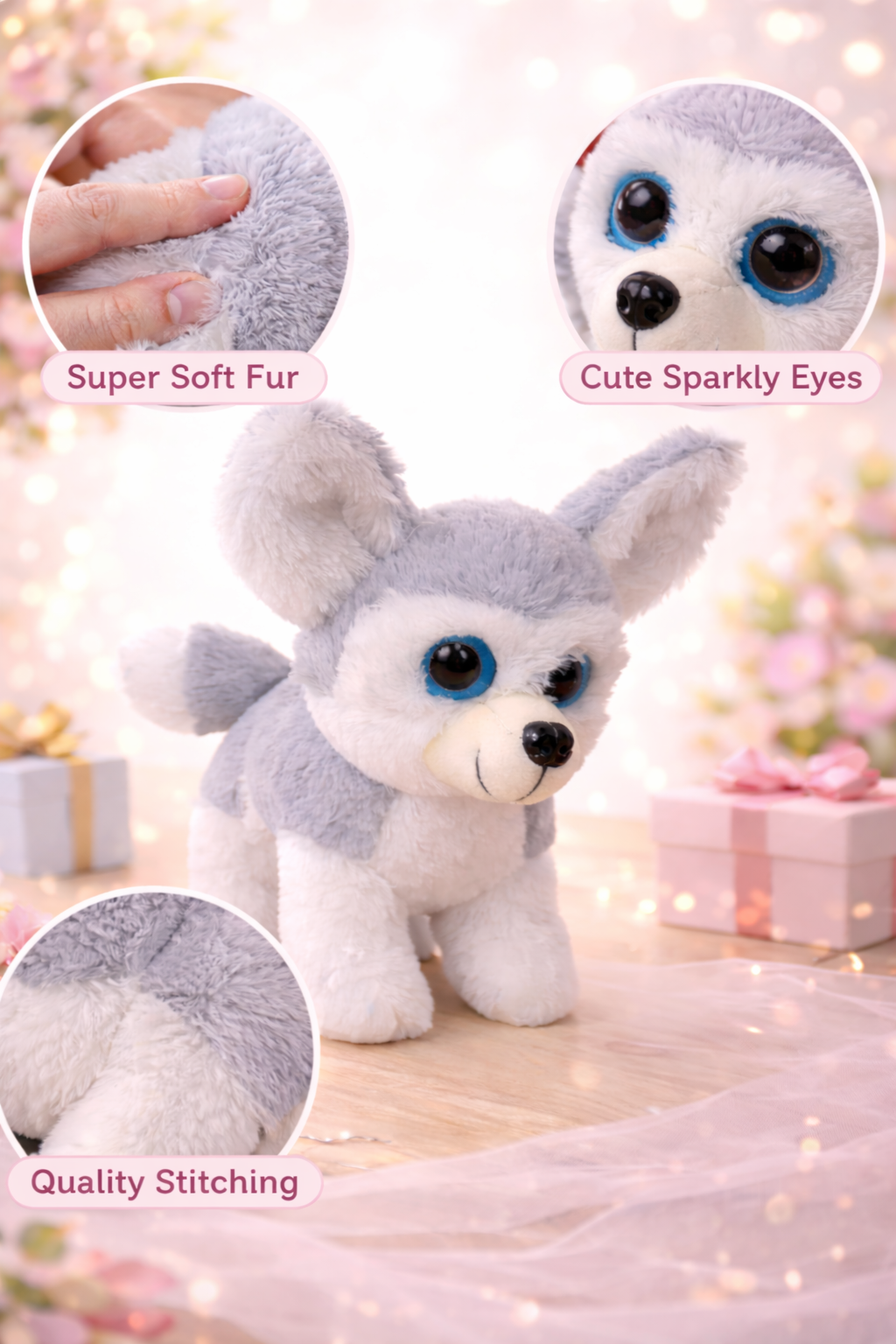 Realstic Husky Dog Stuffed Plush Toy, Grey and White, (18cm)